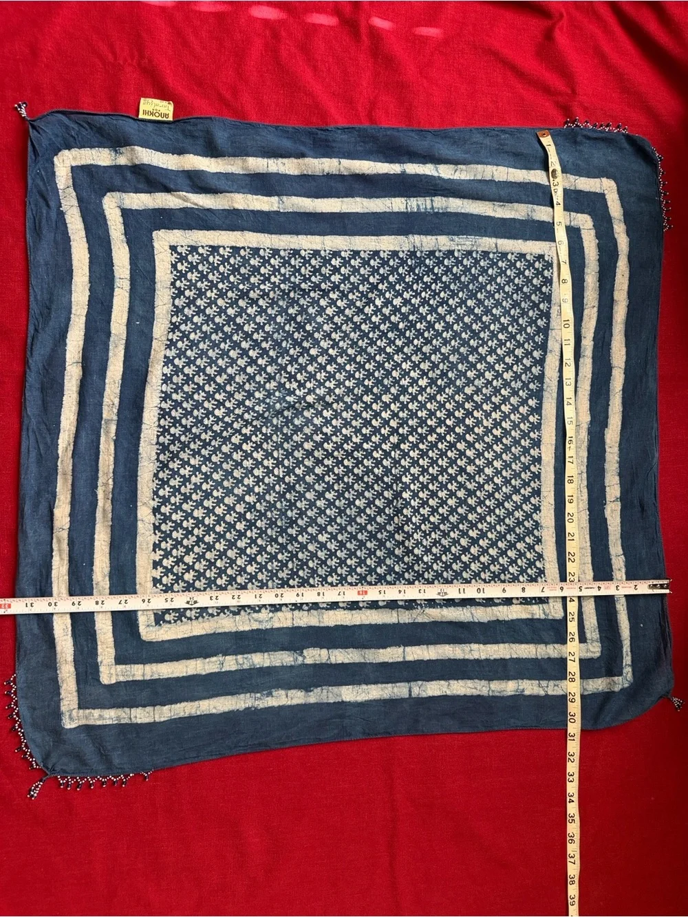 Taraliya by Anokhi Blue 100% Cotton Scarf with Beaded Fringe